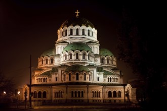 Alexander Nevsky cathedral illuminated at night (Sofia, Bulgaria)