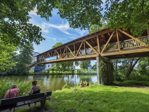 Covered wooden bridge, Baalensee bridge over the Havel between Schwedtsee and Baalensee,