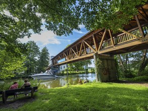 Covered wooden bridge, Baalensee bridge over the Havel between Schwedtsee and Baalensee,