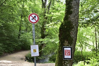 No high heels, says the sign at the entrance to the Urach waterfall, Baden-Württemberg, Germany,