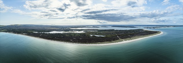 Panorama of Studland Naturist Beach and Knoll Beach Studland over Studland and Godlingston Heath