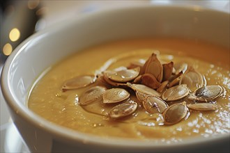 Close up of creamy pumpkin soup with seeds. Generative Ai, AI generated