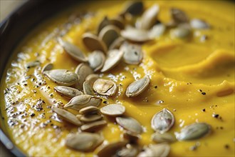 Close up of creamy pumpkin soup with seeds. Generative Ai, AI generated