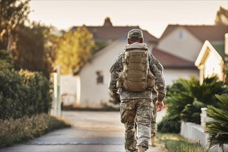 Woman in uniform with rucksack walks home at sunset, AI generated, AI generated