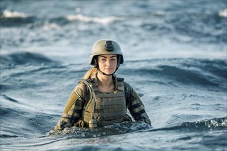 Soldier in uniform and helmet stands up to his chest in the sea, surrounded by waves, AI generated,