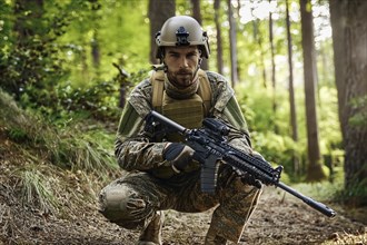 Soldier in uniform and helmet holding a weapon and crouching in the forest in the sunlight, AI