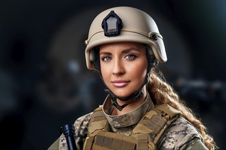 Portrait of a determined female soldier with helmet and uniform in front of a dark background, AI