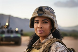 A determined female soldier in uniform and helmet in a desert landscape with a tank in the