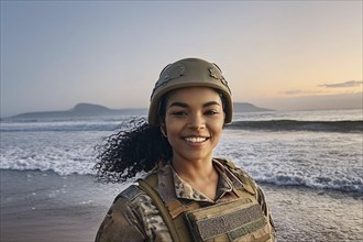 A cheerful female soldier in uniform and helmet stands smiling on a beach at sunrise, AI generated,