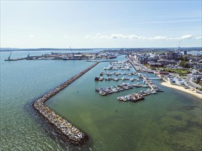 Harbour and Marina over Poole Quay from a drone, Poole, Dorset, England, United Kingdom, Europe