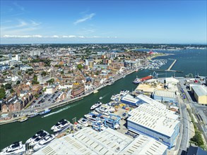 Harbour and Marina over Poole Quay from a drone, Poole, Dorset, England, United Kingdom, Europe