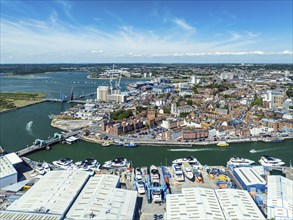 Harbour and Marina over Poole Quay from a drone, Poole, Dorset, England, United Kingdom, Europe