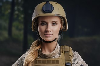 Portrait of a determined female soldier with helmet and uniform in front of a nocturnal forest