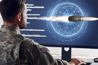 A soldier in camouflage uniform sits in front of a computer screen, missile, AI generated, AI