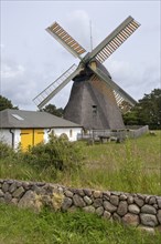 Amrum windmill with museum, fog, Amrum, North Sea island, North Frisia, Schleswig-Holstein,