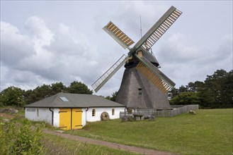 Amrum windmill with museum, fog, Amrum, North Sea island, North Frisia, Schleswig-Holstein,