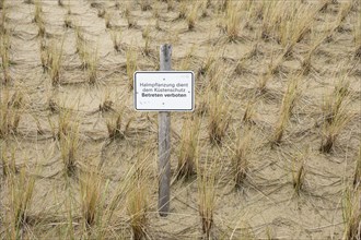 Sign on the dune, reed planting for coastal protection, no trespassing, dune grass, marram grass,