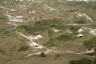 Tents in the dune landscape, campsite, bird's eye view, Amrum, North Sea island, North Frisia,