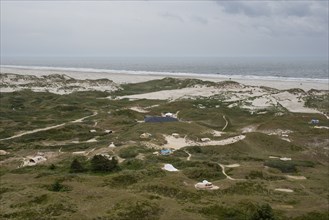 Tents in the dune landscape, campsite, bird's eye view, Amrum, North Sea island, North Frisia,