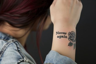 Close up of tattoo with text 'Never again' on woman's arm. Generative AI, AI generated