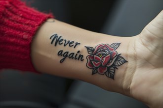 Close up of tattoo with text 'Never again' and rose on woman's arm. Generative AI, AI generated