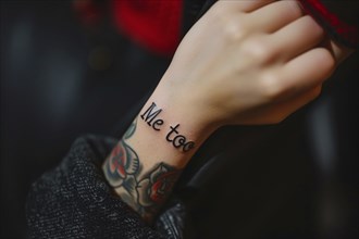 Close up of tattoo with text 'Me too' on woman's wrist. Generative AI, AI generated