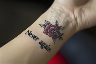 Close up of tattoo with text 'Never again' and rose on woman's arm. Generative AI, AI generated