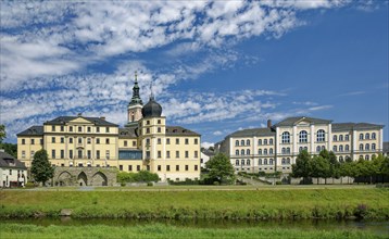 Classical Lower Castle and G. E. Lessing State School on the River Weisse Elster, residential town