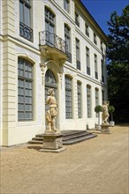 Main portal with two hunter figures, summer palace and park, residential town of Greiz, Thuringia,