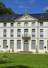 Main portal with two hunter figures, summer palace and park, residential town of Greiz, Thuringia,