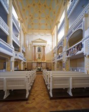 Protestant town church of St Mary with galleries and altar, interior view, residential town of