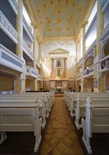 Protestant town church of St Mary with galleries and altar, interior view, residential town of