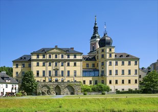 Classical Lower Castle on the River Weisse Elster, residential town of Greiz, Thuringia, Germany,