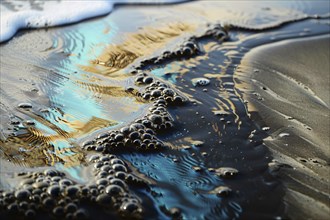 Oil layer on ocean water at beach. Generative Ai, AI generated