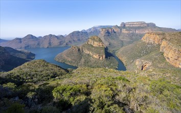 River bend at the Blyde River Canyon with Three Rondawels peak, view of the Blyde River gorge and