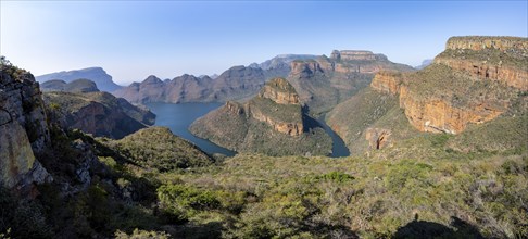 Panorama, Blyde River Canyon loop with Three Rondawels peak, view of Blyde River gorge and table