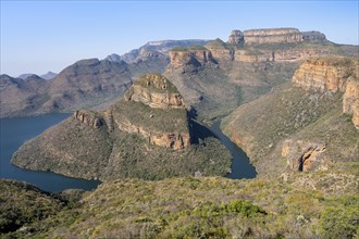 River bend at the Blyde River Canyon with Three Rondawels peak, view of the Blyde River gorge and