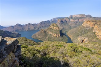 River bend at the Blyde River Canyon with Three Rondawels peak, view of the Blyde River gorge and