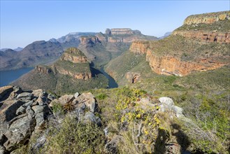 River bend at the Blyde River Canyon with Three Rondawels peak, view of the Blyde River Canyon and