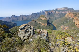 River bend at the Blyde River Canyon with Three Rondawels peak, view of the Blyde River Canyon and