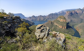 River bend at the Blyde River Canyon with Three Rondawels peak, view of the Blyde River Canyon and