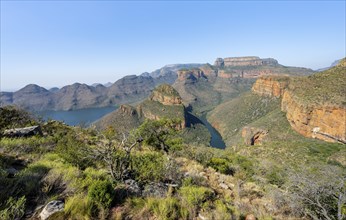 River bend at the Blyde River Canyon with Three Rondawels peak, view of the Blyde River Canyon and