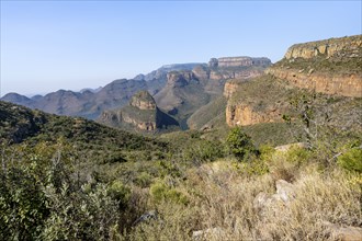 River bend at the Blyde River Canyon with Three Rondawels peak, view of the Blyde River gorge and