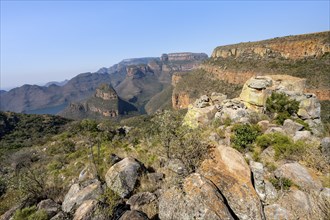 River bend at the Blyde River Canyon with Three Rondawels peak, view of the Blyde River gorge and