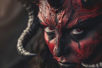 Close up of woman's face with evil red devil Halloween makeup costume. Generative AI, AI generated