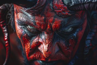 Close up of man with evil red devil Halloween makeup costume. Generative AI, AI generated