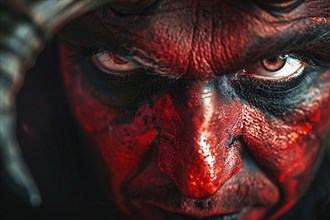 Close up of man with evil red devil Halloween makeup costume. Generative AI, AI generated