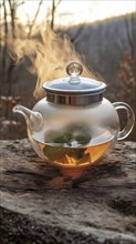 A steaming glass teapot with a serene outdoor natural setting and morning light, AI generated