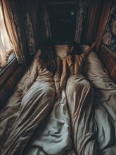 Two women sleeping closely on a bed in a cozy, warm-colored room with wooden interior and soft