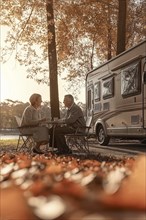 An elderly couple seated by their caravan in a warm autumn setting, surrounded by colorful leaves